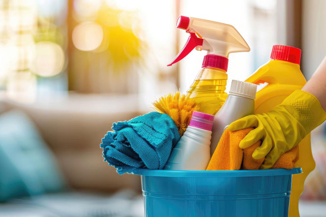 Gloved hand holding a bucket of supplies, ready for a professional house cleaning service.